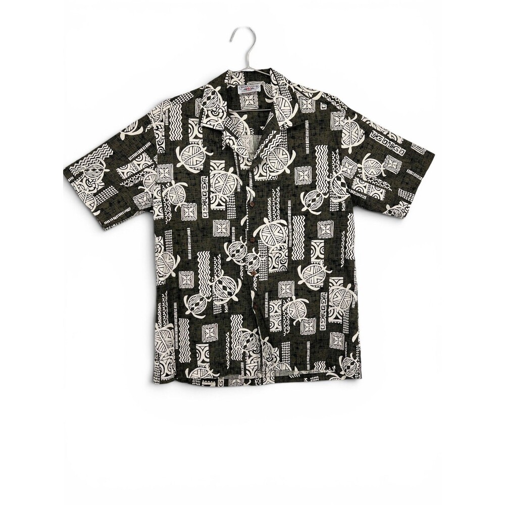 Pacific Legend Aloha Shirt Mens L Honu Turtle Tiki Tribal Green Made in Hawaii